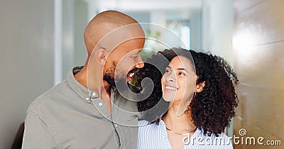 Home, hug and couple with love, smile and marriage with romance, dating and relationship. Apartment, romantic and man Stock Photo