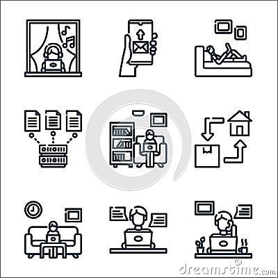 home icon pack line icons. linear set. quality vector line set such as teleworking, online chat, working, home delivery, working, Vector Illustration