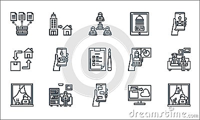 Home icon pack line icons. linear set. quality vector line set such as working, online chat, working, file upload, working, home Vector Illustration