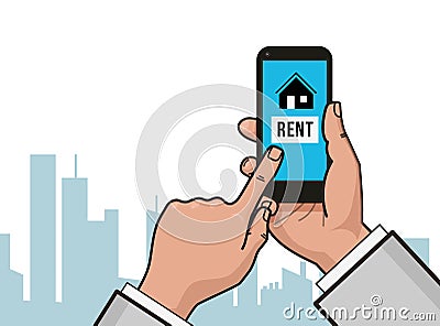 Home icon on smartphone screen. Hand hold smartphone, finger touch screen. Rent apartments, homes app. Modern concept Vector Illustration