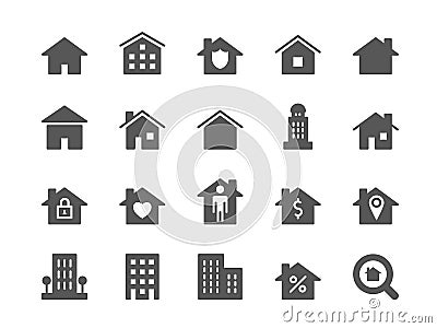 Home icons. House shape logo. Residential building. Entrance of hotel. Cottage or patria casa. Nido housing silhouettes Vector Illustration