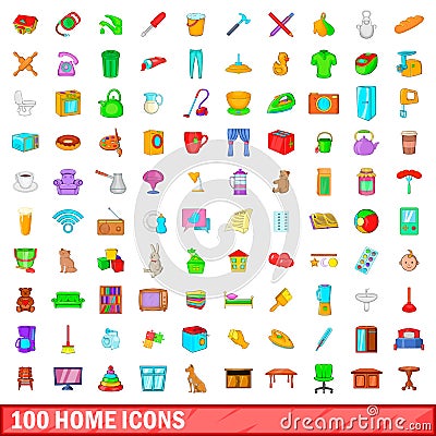 100 home icons set, cartoon style Vector Illustration