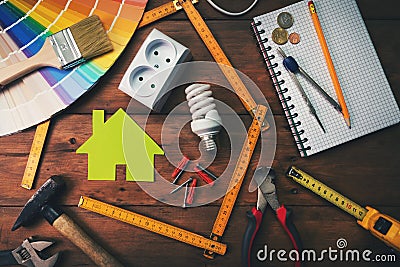 Home improvement and repair concept - work tools and objects on wooden table Stock Photo