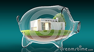 Home inside transparent piggy bank. 3d rendering Stock Photo
