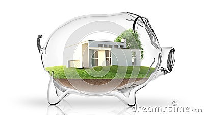 Home inside transparent piggy bank. 3d rendering Stock Photo