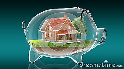 Home inside transparent piggy bank. 3d rendering Stock Photo