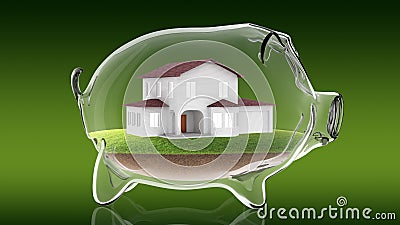 Home inside transparent piggy bank. 3d rendering Stock Photo