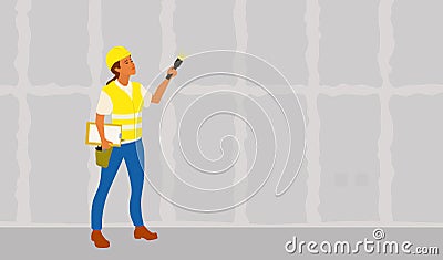 Home inspector woman examining frame house condition with flashlight to write a report Vector Illustration