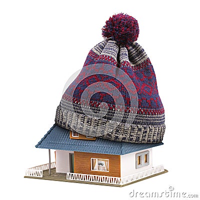 Home insulation or insurance concept. hat on house roof isolated Stock Photo