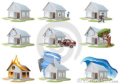 Home insurance. Property insurance. Big set house insurance Vector Illustration