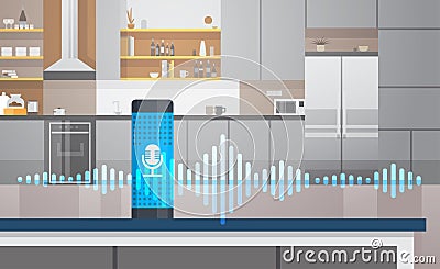 Home intelligent voice activated assistant recognition technology concept kitchen interior background smart ai speaker Vector Illustration