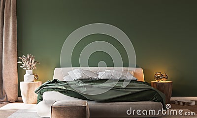 Home interior background cozy green bedroom with bright furniture natural wooden tables Stock Photo