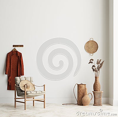 Home interior background with wicker furniture and decor, empty white wall mockup Stock Photo