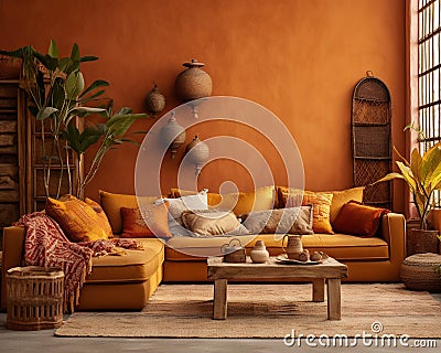 Home interior with beautiful ethnic decoration. Cartoon Illustration