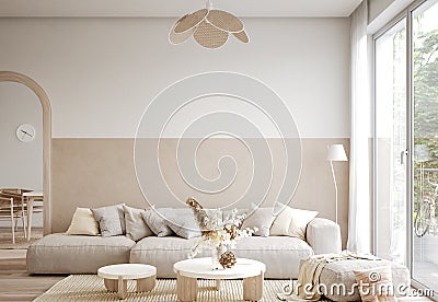 Home interior in boho style, living room in pastel beige colors Stock Photo