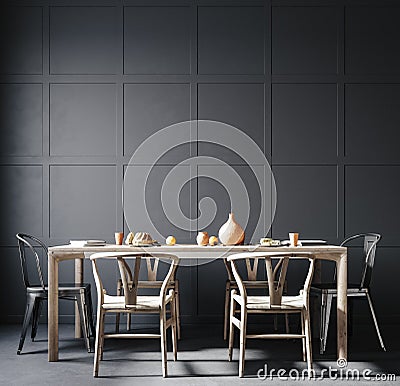 Home interior, dark dining room interior, black empty wall mock up Stock Photo