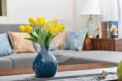 Home interior decor, tulip bouquet in vase Stock Photo