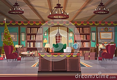 Home Interior Decorated For Christmas And New Year Holidays, Empty Workplace Office Desk And Armchair With Garlands Pine Vector Illustration