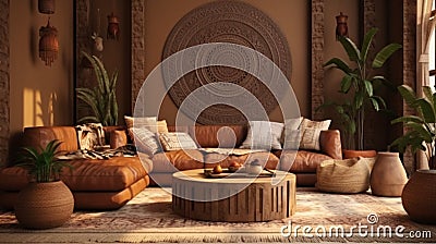 Home interior with ethnic boho decoration, Stock Photo