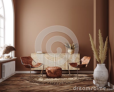 Home interior with ethnic boho decoration, living room in brown warm color Stock Photo