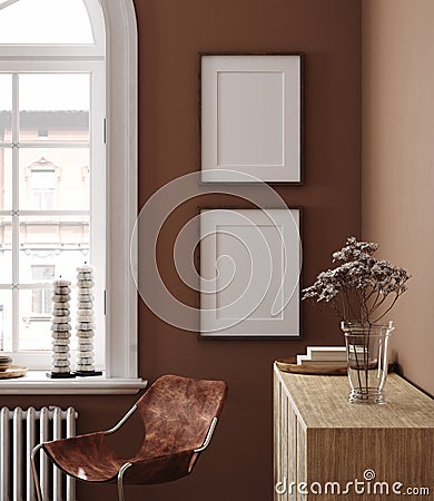 Home interior with ethnic boho decoration and poster mockup Stock Photo