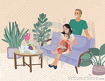 Family with a child at home. Mom dad and little son. Plants in the interior. Vector illustration. Vector Illustration