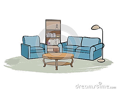 Home interior furniture with sofa, armchair, table, book shelf a Cartoon Illustration