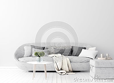 Home interior with gray sofa and white wall mock up, Scandinavian style Stock Photo