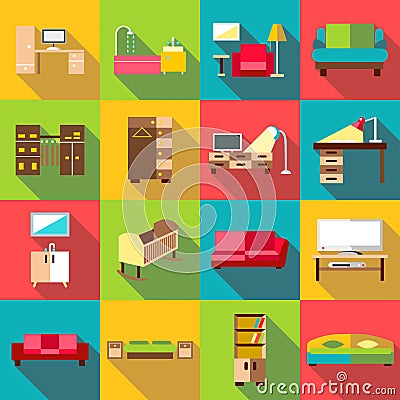 Home interior icons set, flat style Vector Illustration