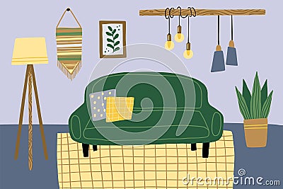 Home interior. Indoor house lounge with window. Living room furniture. Apartment with lamp and decor. Sofa and carpet Vector Illustration