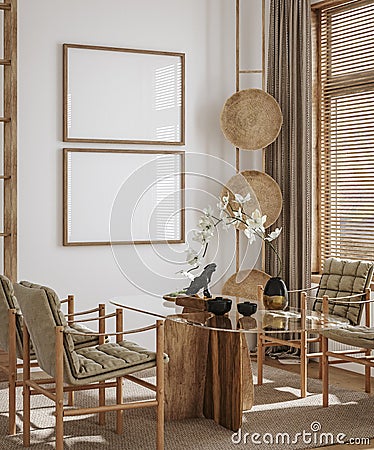 Home interior in japanese style, frame mockup in dining room background Stock Photo