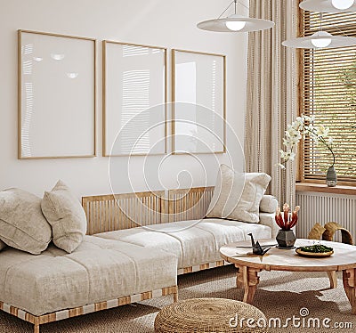 Home interior in japanese style, frame mockup in living room background Stock Photo