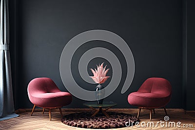 Home interior, luxury modern dark living room interior, black empty wall mock up Stock Photo