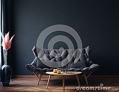 Home interior, luxury modern dark living room interior, black empty wall mock up Stock Photo