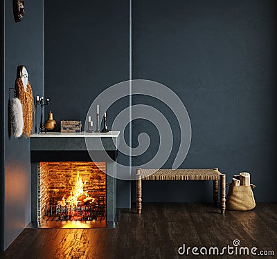 Home interior, luxury modern dark living room interior, black empty wall mock up Stock Photo