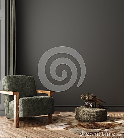 Home interior mock-up with armchair, pouf and bouquet in living room Stock Photo