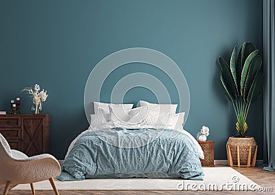 Home interior mock-up background, dark green bedroom with potted palm Stock Photo