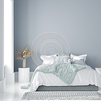 Home interior mock-up with bed, table and bouquet in bedroom Stock Photo