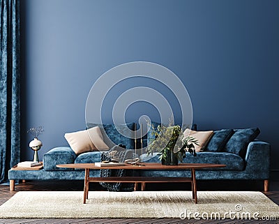 Home interior mock-up with blue sofa, table and decor in living room Stock Photo