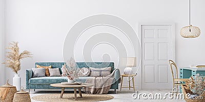 Home interior mock-up with blue sofa, wooden table and decor in white living room Stock Photo