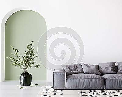 Home interior mock-up with gray sofa and green vase in bright living room, copy space Stock Photo