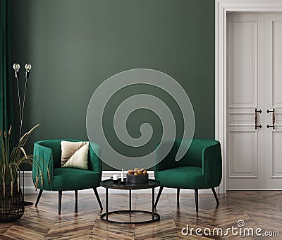 Home interior mock-up with green armchairs, table and decor in living room Stock Photo