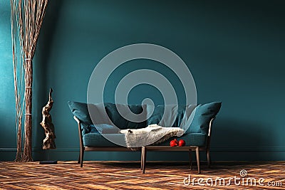 Home interior mock-up with green sofa, rope curtains and table in living room Stock Photo