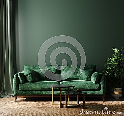 Home interior mock-up with green sofa, table and decor in living room Stock Photo