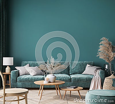 Home interior mock-up with green sofa, wooden table and trendy decoration in green living room Stock Photo