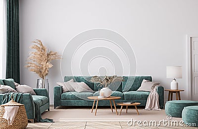 Home interior mock-up with green sofa, wooden table and trendy decoration in white bright living room Stock Photo