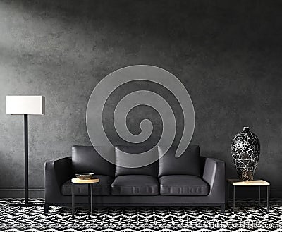 Home interior mock-up with sofa and decor, black stylish loft living room Stock Photo