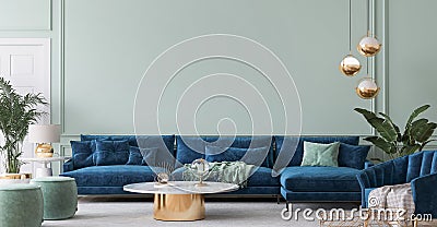 Home interior mockup with blue sofa, marble table and tiffany blue wall decor in living room Stock Photo