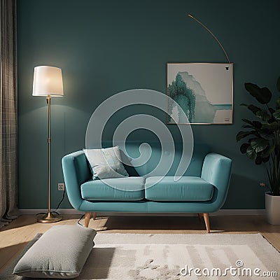 Home interior mockup with blue sofa marble table and tiffany blue wall decor in living room Stock Photo