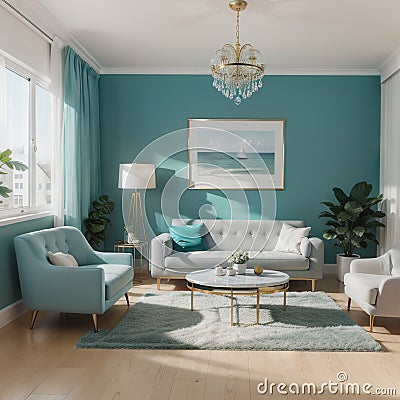 Home interior mockup with blue sofa marble table and tiffany blue wall decor in living room Stock Photo